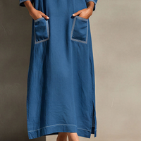 Women's Blue Linen-Blend Caftan Dress With Notch Neck & Side Slits, Timeless Casual Beach Cover-Up MDZ2898D9LYL