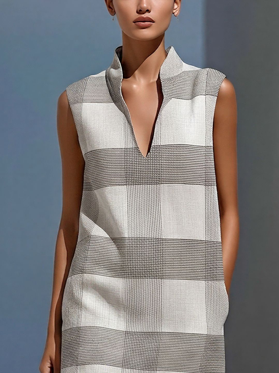 Women’s Grey Plaid Sleeveless Tunic Top & Sheer Chiffon Maxi Skirt Two-Piece Set MDZ2824D9T