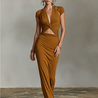 Women's Mustard Bodycon Maxi Dress With Deep V-Neck & Cap Sleeves, Contemporary Elegant Evening Dress MDZ2841D3LYL