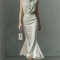 Women’s Sage Green Sleeveless Collared Shirt & Ivory Satin Mermaid Midi Skirt Two-Piece Set MDZ2812D0T