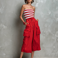 Women's Sporty-Casual Striped Strapless Jumpsuit — Smocked Bodice, Paneled Design, Multi-Pocket, Cropped Wide-Leg Pants MDZ2896D0Y