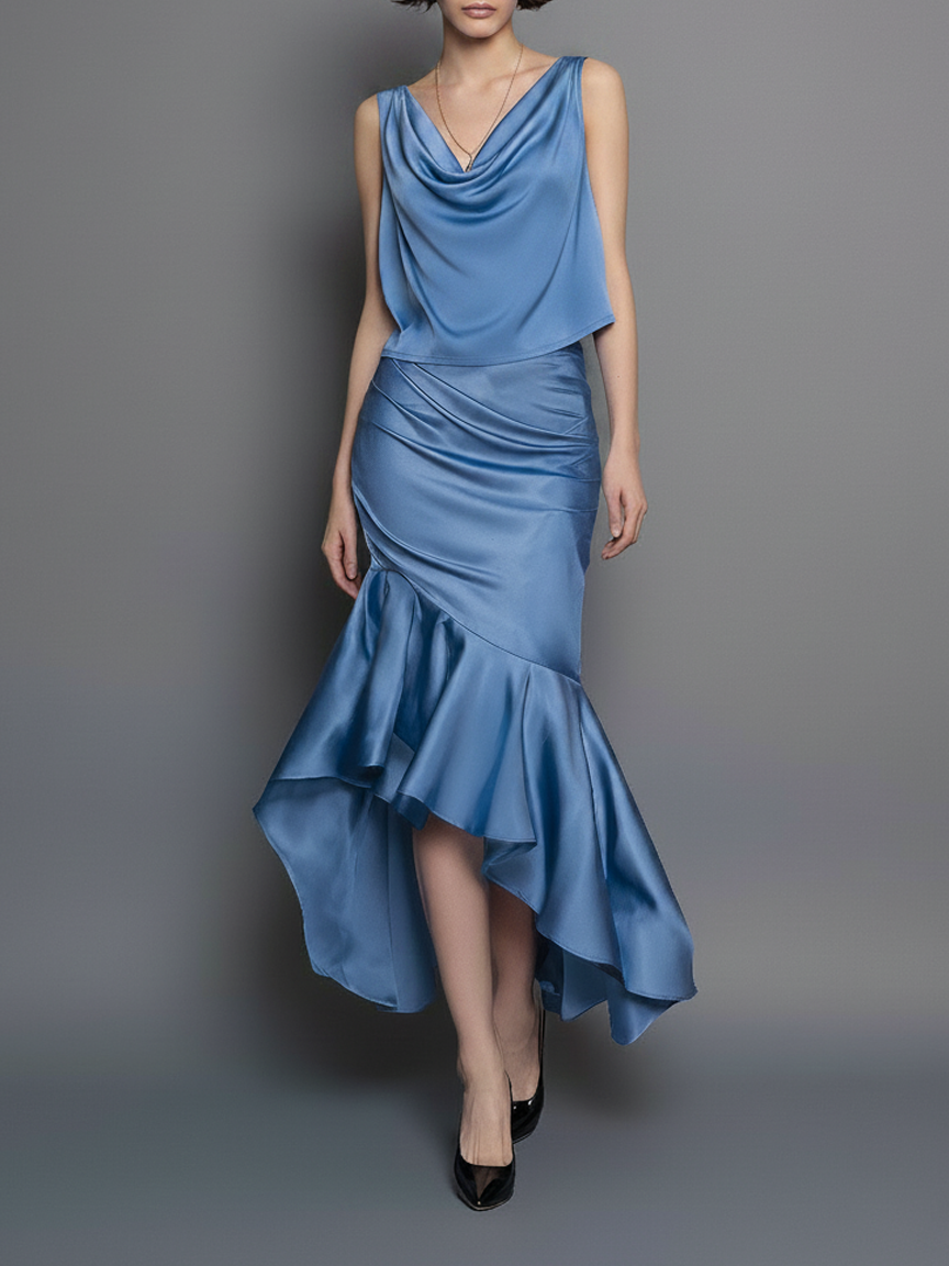 Women's Elegant & Minimalist Satin Cowl-Neck Sleeveless Blouse And Hip-Hugging Fishtail Skirt With Asymmetrical Hem MDZ2845D3Y