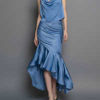 Women's Elegant & Minimalist Satin Cowl-Neck Sleeveless Blouse And Hip-Hugging Fishtail Skirt With Asymmetrical Hem MDZ2845D3Y