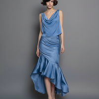 Women's Elegant & Minimalist Satin Cowl-Neck Sleeveless Blouse And Hip-Hugging Fishtail Skirt With Asymmetrical Hem MDZ2845D3Y