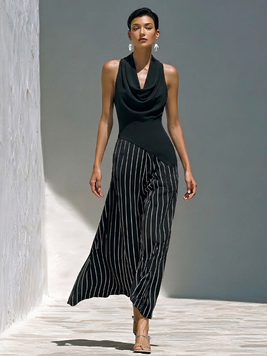 Women’s Black Cowl Neck Sleeveless Top & Black-and-White Striped Skirts Two-Piece Set MDZ2818D1T