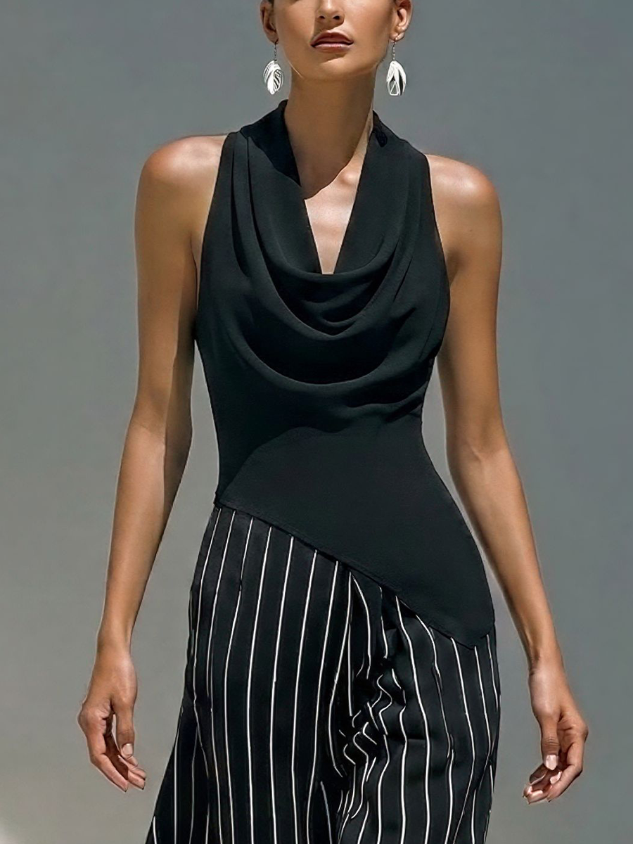 Women’s Black Cowl Neck Sleeveless Top & Black-and-White Striped Skirts Two-Piece Set MDZ2818D1T