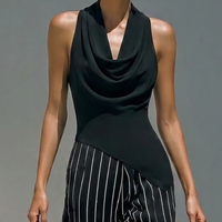 Women’s Black Cowl Neck Sleeveless Top & Black-and-White Striped Skirts Two-Piece Set MDZ2818D1T