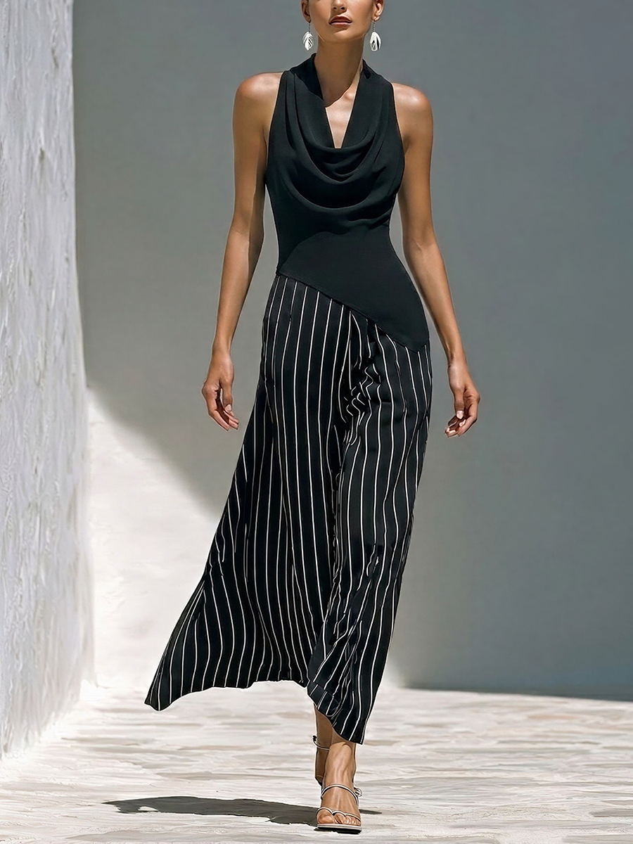 Women’s Black Cowl Neck Sleeveless Top & Black-and-White Striped Skirts Two-Piece Set MDZ2818D1T