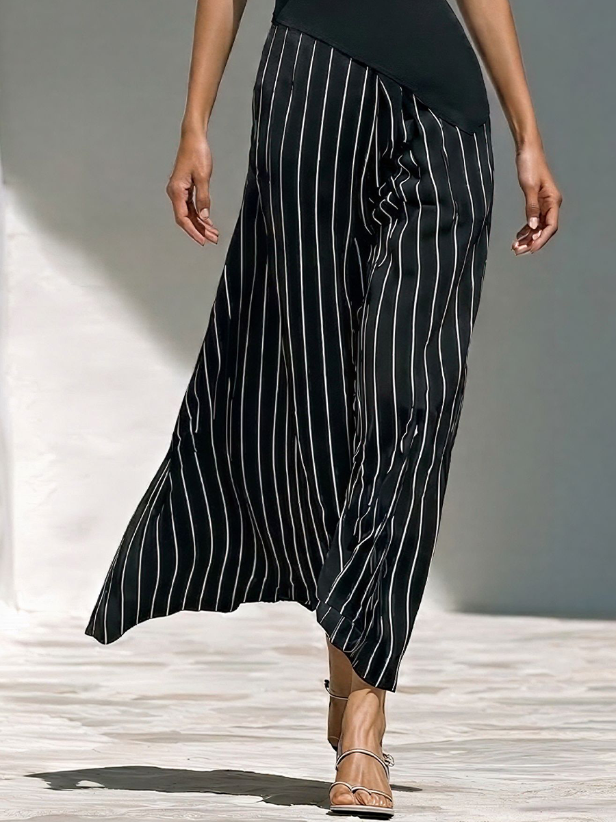 Women’s Black Cowl Neck Sleeveless Top & Black-and-White Striped Skirts Two-Piece Set MDZ2818D1T