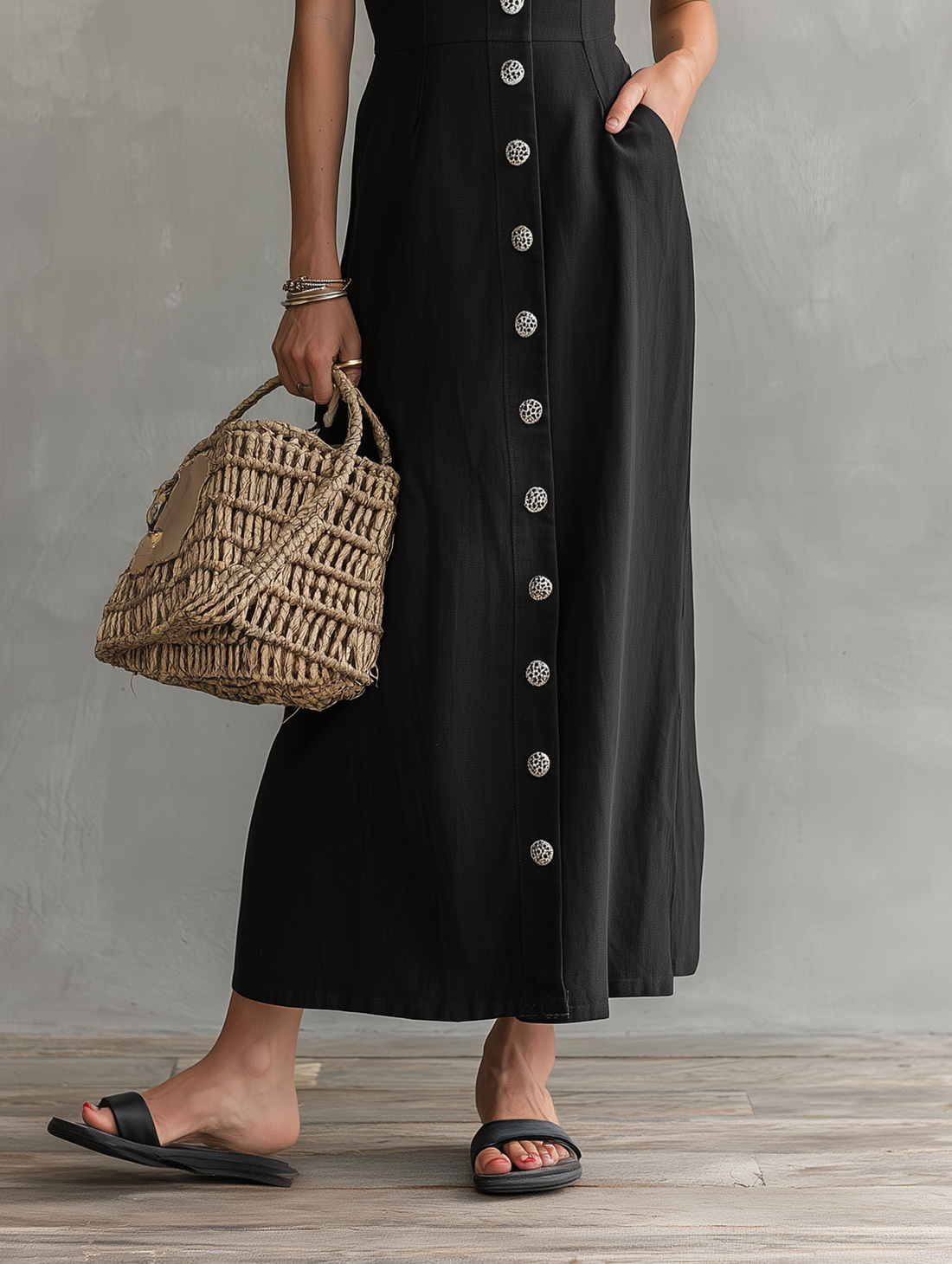 Women's Minimalist Linen-Blend Single-Breasted Maxi Pinafore Dress MDZ2872D6Y