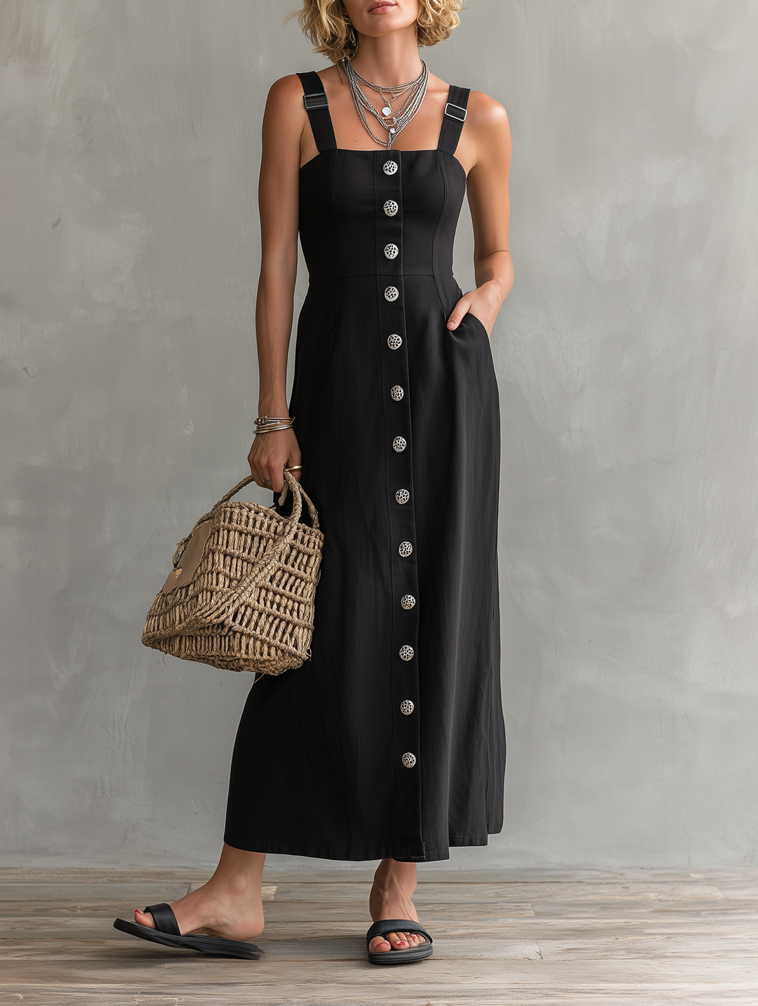 Women's Minimalist Linen-Blend Single-Breasted Maxi Pinafore Dress MDZ2872D6Y