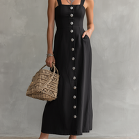Women's Minimalist Linen-Blend Single-Breasted Maxi Pinafore Dress MDZ2872D6Y