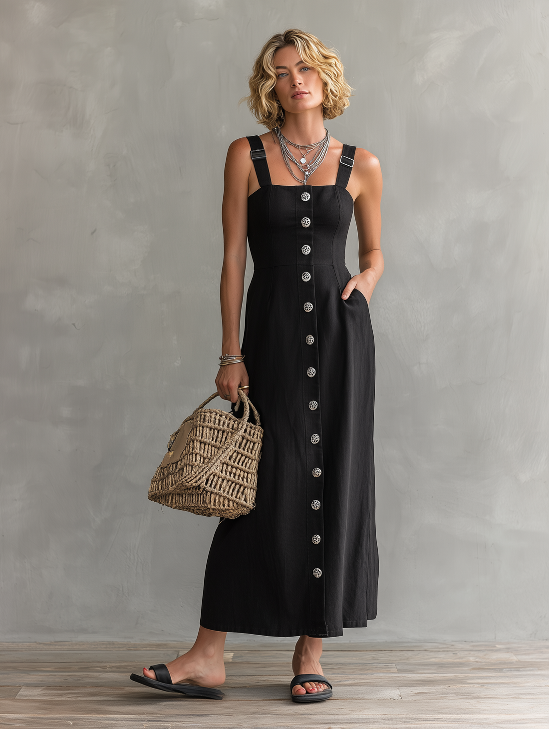 Women's Minimalist Linen-Blend Single-Breasted Maxi Pinafore Dress MDZ2872D6Y