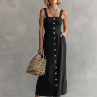 Women's Minimalist Linen-Blend Single-Breasted Maxi Pinafore Dress MDZ2872D6Y