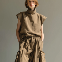 Women's Minimalist Utility-Style Cotton-Linen Set: Loose-Fit Stand-Collar Top & Cargo Pants MDZ2791D4ZJW