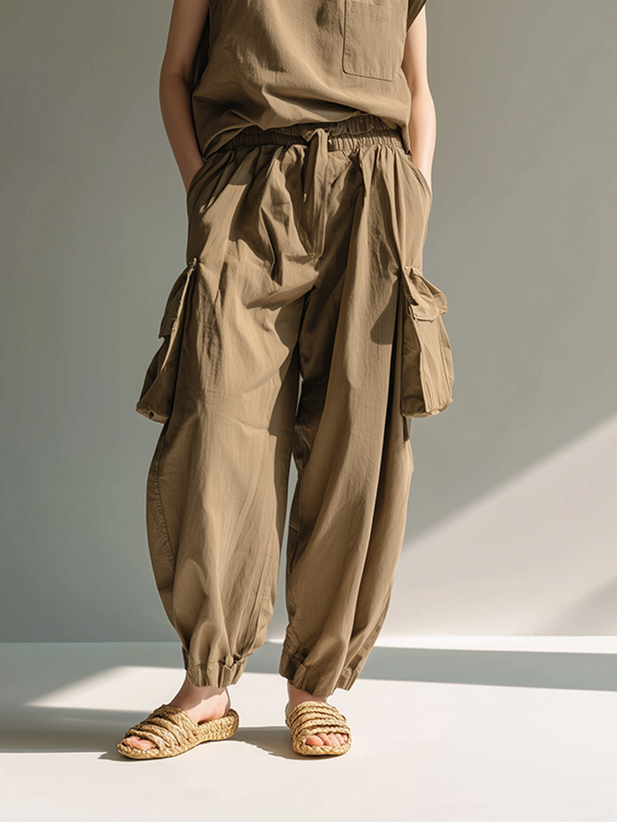Women's Minimalist Utility-Style Cotton-Linen Set: Loose-Fit Stand-Collar Top & Cargo Pants MDZ2791D4ZJW