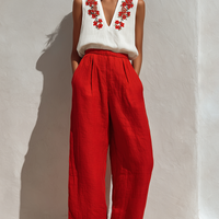 Women’s White Sleeveless Floral Embroidered Linen Top & Red High-Waisted Wide-Leg Pants Two-Piece Set MDZ2803D3T