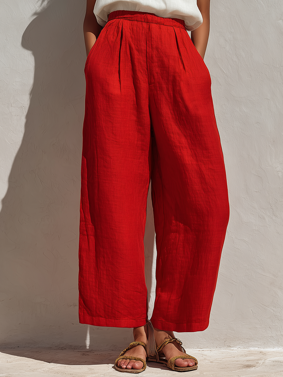 Women’s White Sleeveless Floral Embroidered Linen Top & Red High-Waisted Wide-Leg Pants Two-Piece Set MDZ2803D3T