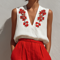 Women’s White Sleeveless Floral Embroidered Linen Top & Red High-Waisted Wide-Leg Pants Two-Piece Set MDZ2803D3T