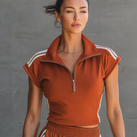 Women's Athleisure Set: Half-Zip Top & Shorts With Ruffled Hem MDZ2878D3Y
