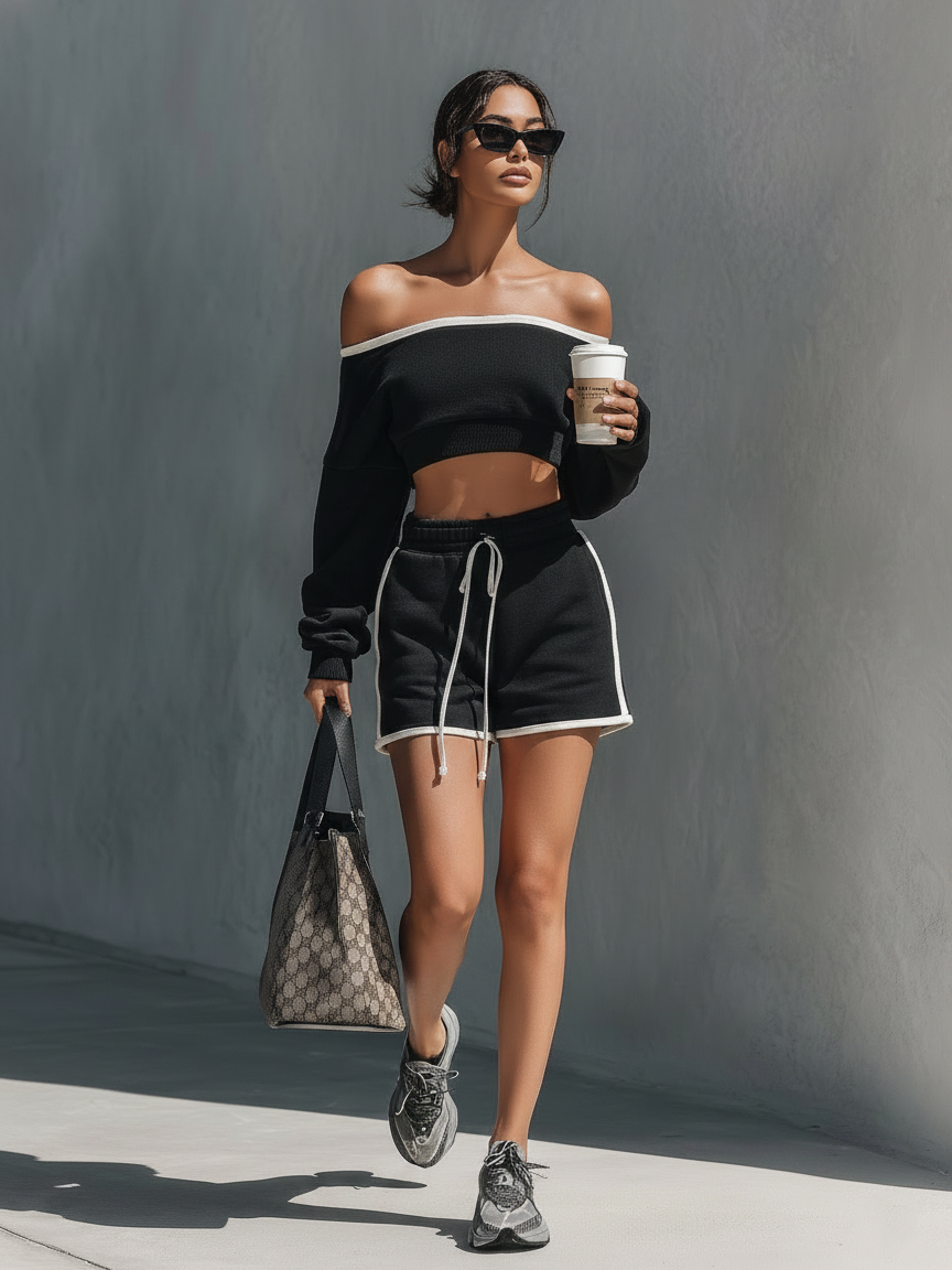 Women's Athleisure White Trim Set: Off-Shoulder Long-Sleeve Cropped Sweatshirt  & Drawstring Shorts MDZ2844D5Y