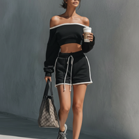 Women's Athleisure White Trim Set: Off-Shoulder Long-Sleeve Cropped Sweatshirt  & Drawstring Shorts MDZ2844D5Y
