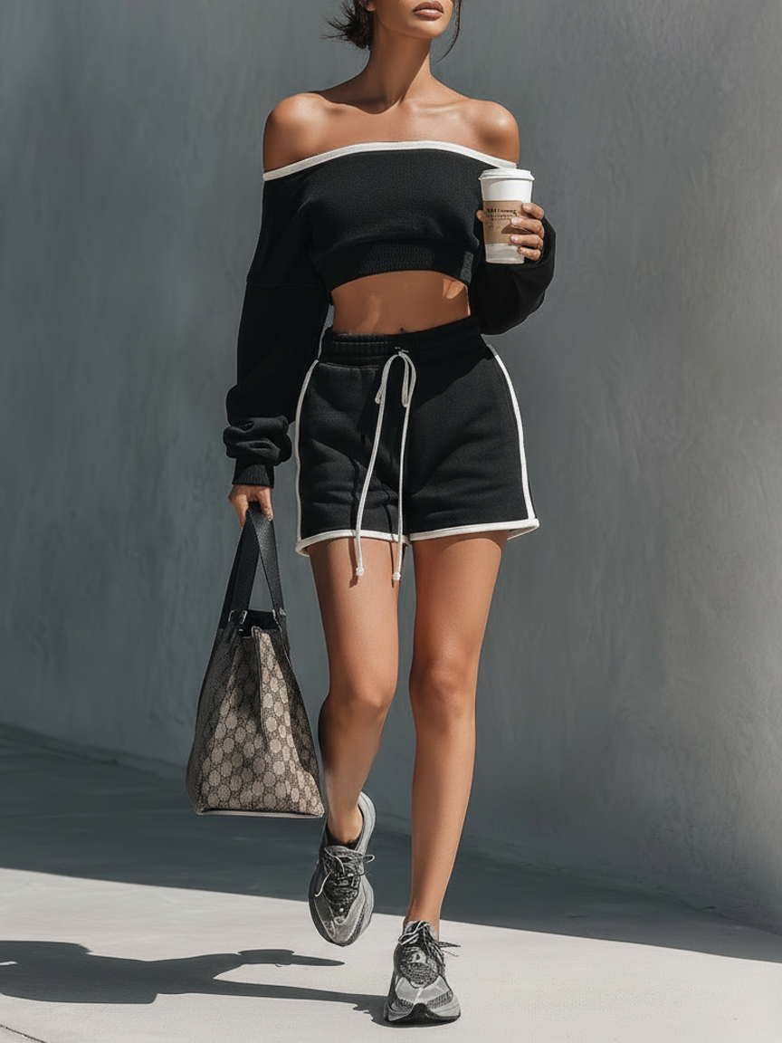 Women's Athleisure White Trim Set: Off-Shoulder Long-Sleeve Cropped Sweatshirt  & Drawstring Shorts MDZ2844D5Y