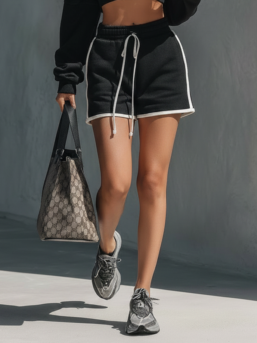 Women's Athleisure White Trim Set: Off-Shoulder Long-Sleeve Cropped Sweatshirt  & Drawstring Shorts MDZ2844D5Y