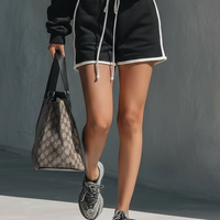 Women's Athleisure White Trim Set: Off-Shoulder Long-Sleeve Cropped Sweatshirt  & Drawstring Shorts MDZ2844D5Y