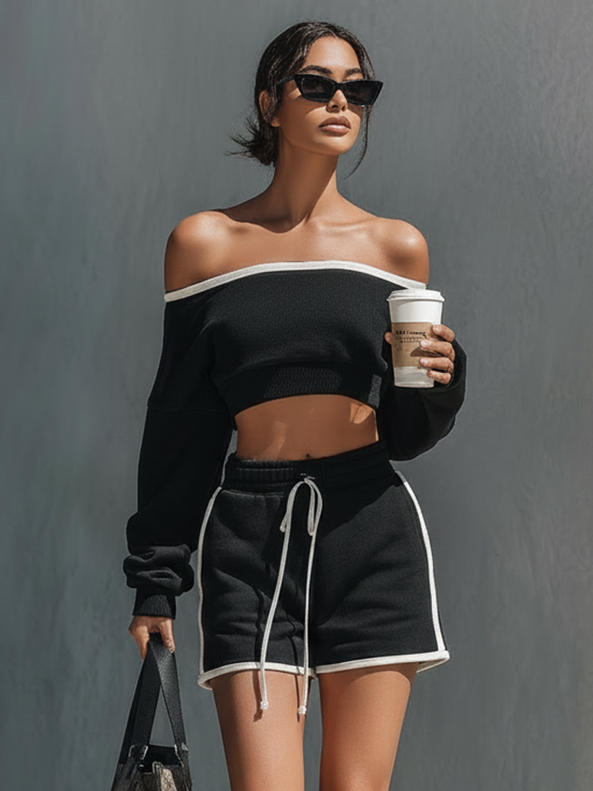 Women's Athleisure White Trim Set: Off-Shoulder Long-Sleeve Cropped Sweatshirt  & Drawstring Shorts MDZ2844D5Y