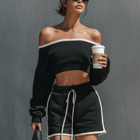 Women's Athleisure White Trim Set: Off-Shoulder Long-Sleeve Cropped Sweatshirt  & Drawstring Shorts MDZ2844D5Y