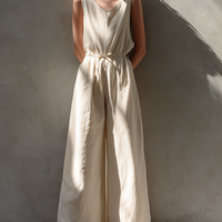 Women's Minimalist Loose-Fit White Cotton-Linen Sleeveless Crew-Neck Wide-Leg Jumpsuit MDZ2702D6ZJW
