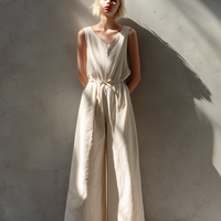 Women's Minimalist Loose-Fit White Cotton-Linen Sleeveless Crew-Neck Wide-Leg Jumpsuit MDZ2702D6ZJW