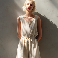 Women's Minimalist Loose-Fit White Cotton-Linen Sleeveless Crew-Neck Wide-Leg Jumpsuit MDZ2702D6ZJW
