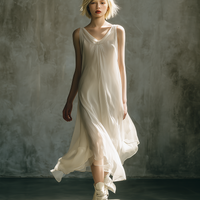 Women's Minimalist & Elegant Casual Off-White Chiffon Layered Sleeveless Midi Dress MDZ2799D6ZJW