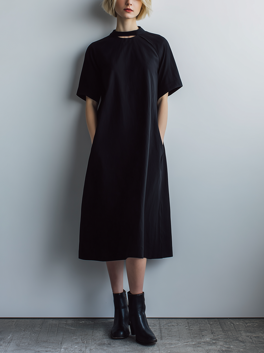 Women's Casual Minimalist Black Poly-Cotton Midi Dress — Short Sleeve, Crew Neck, Cutout Design MDZ2787D4ZJW