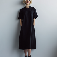 Women's Casual Minimalist Black Poly-Cotton Midi Dress — Short Sleeve, Crew Neck, Cutout Design MDZ2787D4ZJW