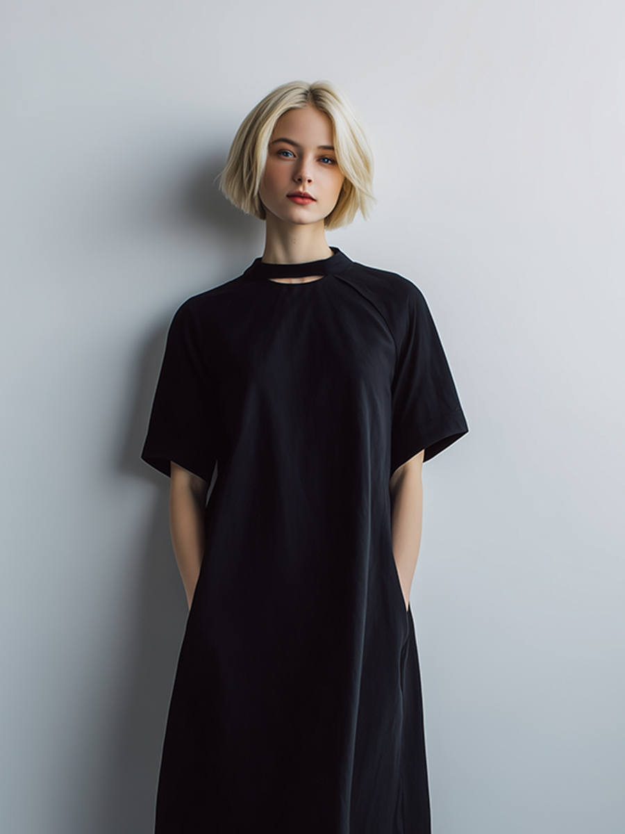 Women's Casual Minimalist Black Poly-Cotton Midi Dress — Short Sleeve, Crew Neck, Cutout Design MDZ2787D4ZJW