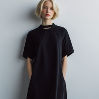 Women's Casual Minimalist Black Poly-Cotton Midi Dress — Short Sleeve, Crew Neck, Cutout Design MDZ2787D4ZJW