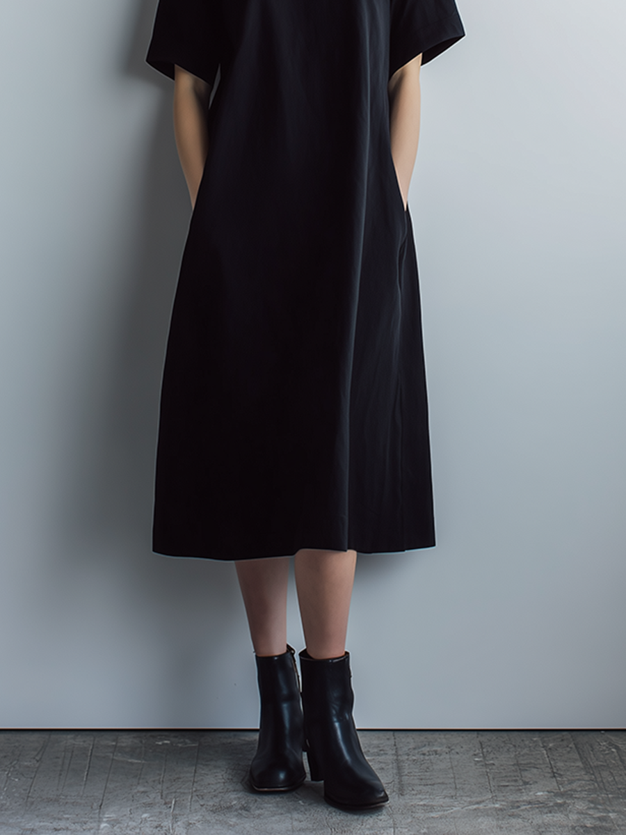 Women's Casual Minimalist Black Poly-Cotton Midi Dress — Short Sleeve, Crew Neck, Cutout Design MDZ2787D4ZJW
