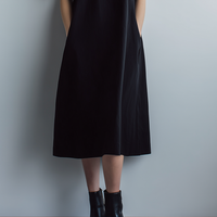 Women's Casual Minimalist Black Poly-Cotton Midi Dress — Short Sleeve, Crew Neck, Cutout Design MDZ2787D4ZJW