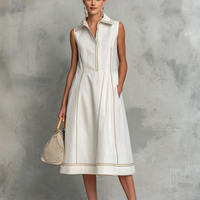 Women's Simple White Cotton Linen Sleeveless A-Line Midi Dress With Contrasting Stitching MDZ2487D7GMJ