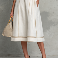 Women's Simple White Cotton Linen Sleeveless A-Line Midi Dress With Contrasting Stitching MDZ2487D7GMJ