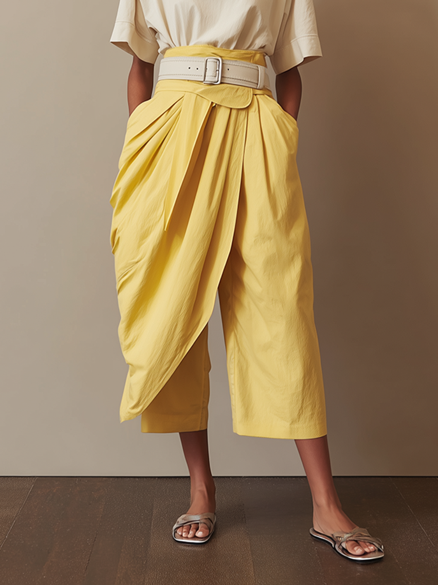 Women's Minimalist Yellow Cotton-Linen Cropped Wide-Leg Pants MDZ2812D2ZJW