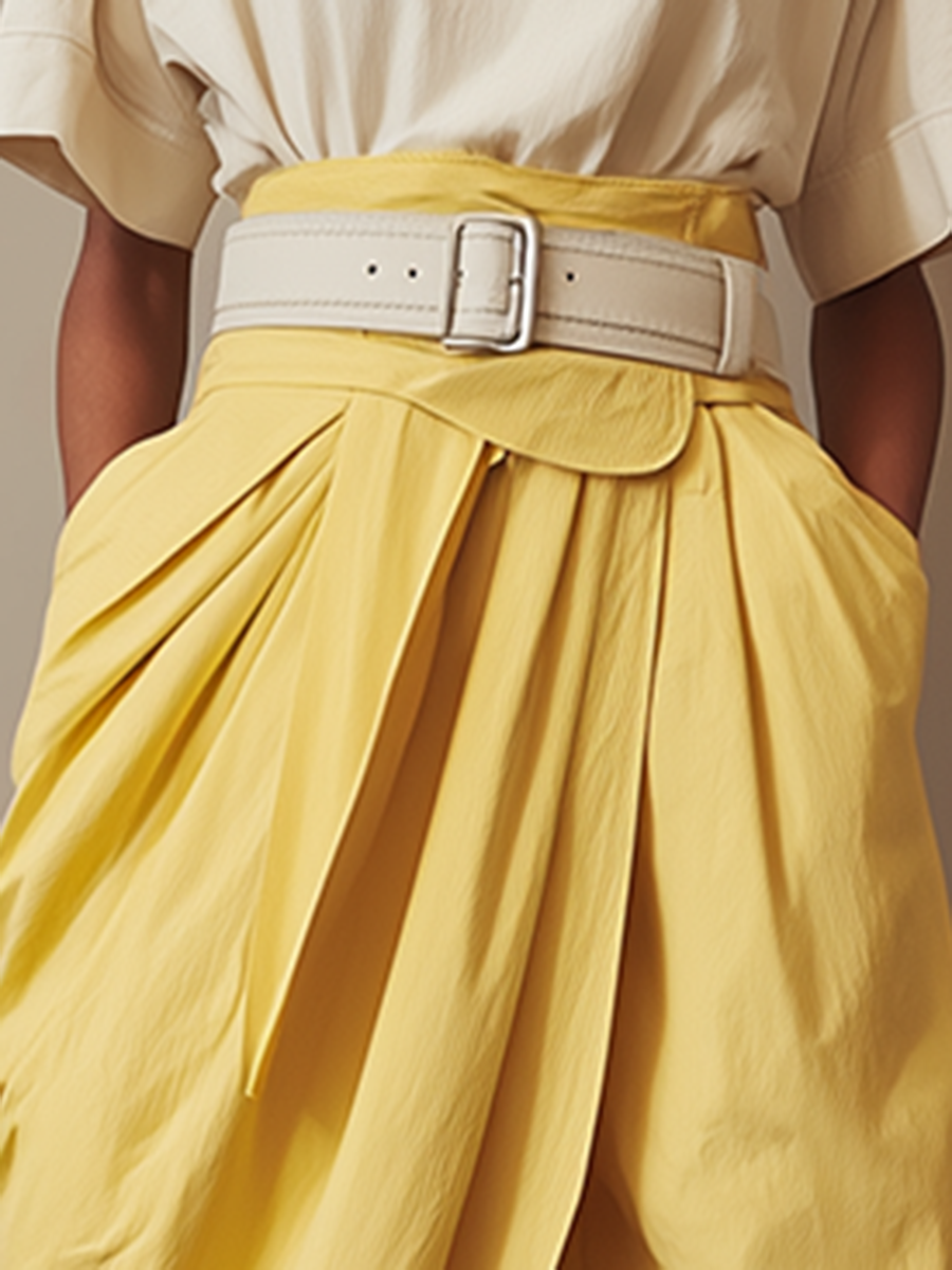 Women's Minimalist Yellow Cotton-Linen Cropped Wide-Leg Pants MDZ2812D2ZJW