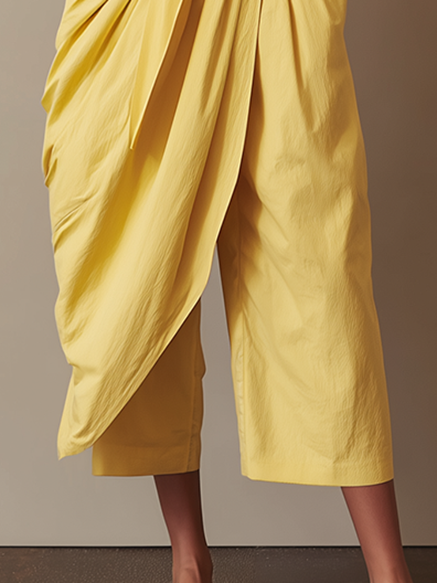 Women's Minimalist Yellow Cotton-Linen Cropped Wide-Leg Pants MDZ2812D2ZJW