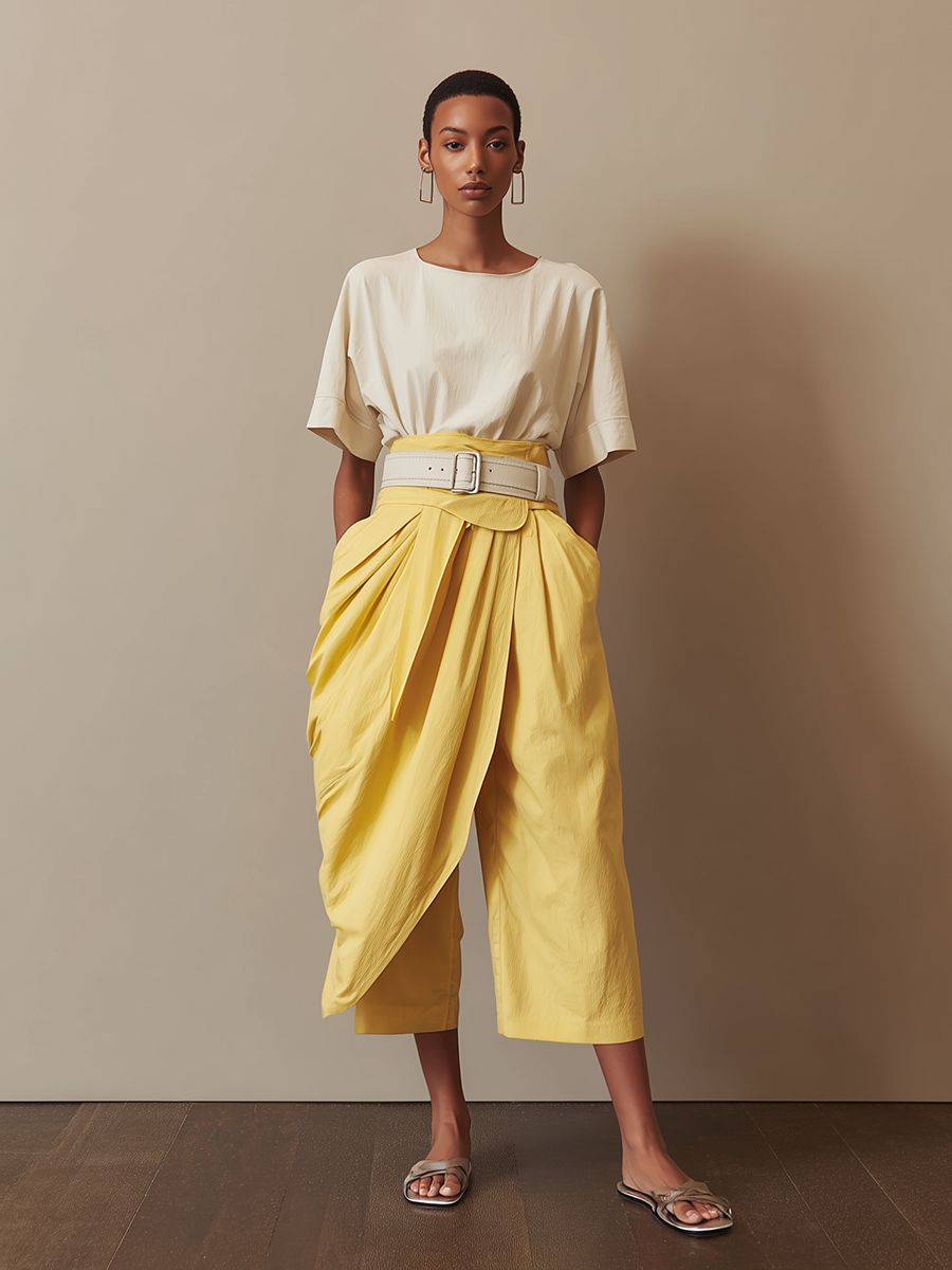 Women's Minimalist Yellow Cotton-Linen Cropped Wide-Leg Pants MDZ2812D2ZJW