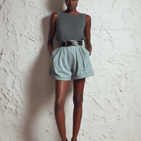 Women's Minimalist Blue Cotton-Linen Shorts MDZ2812D3ZJW