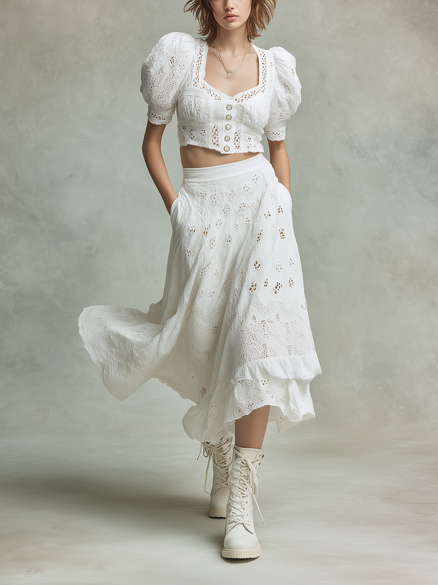 Women's Elegant & Casual Cotton-Linen Set: White Openwork Embroidered Puff-Sleeve Crop Top And Midi Skirt MDZ2834D2ZJW