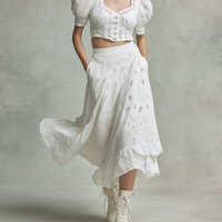 Women's Elegant & Casual Cotton-Linen Set: White Openwork Embroidered Puff-Sleeve Crop Top And Midi Skirt MDZ2834D2ZJW